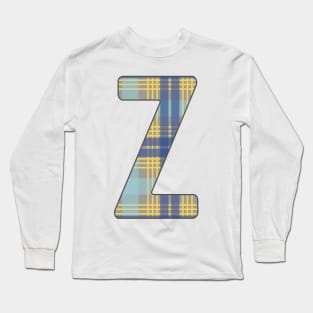 Monogram Letter Z, Blue, Yellow and Grey Scottish Tartan Style Typography Design Long Sleeve T-Shirt